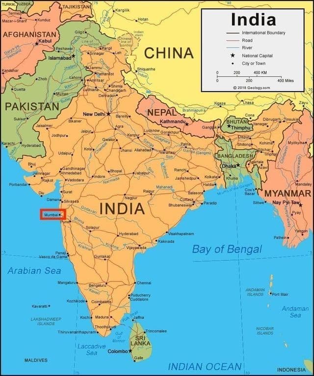 Mumbai - Bombay on Maharashtra - India map